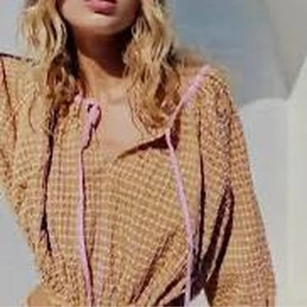 FREE PEOPLE EST GINGHAM PLAID TOP with  PINK TRIM TIE BOWS ! S
